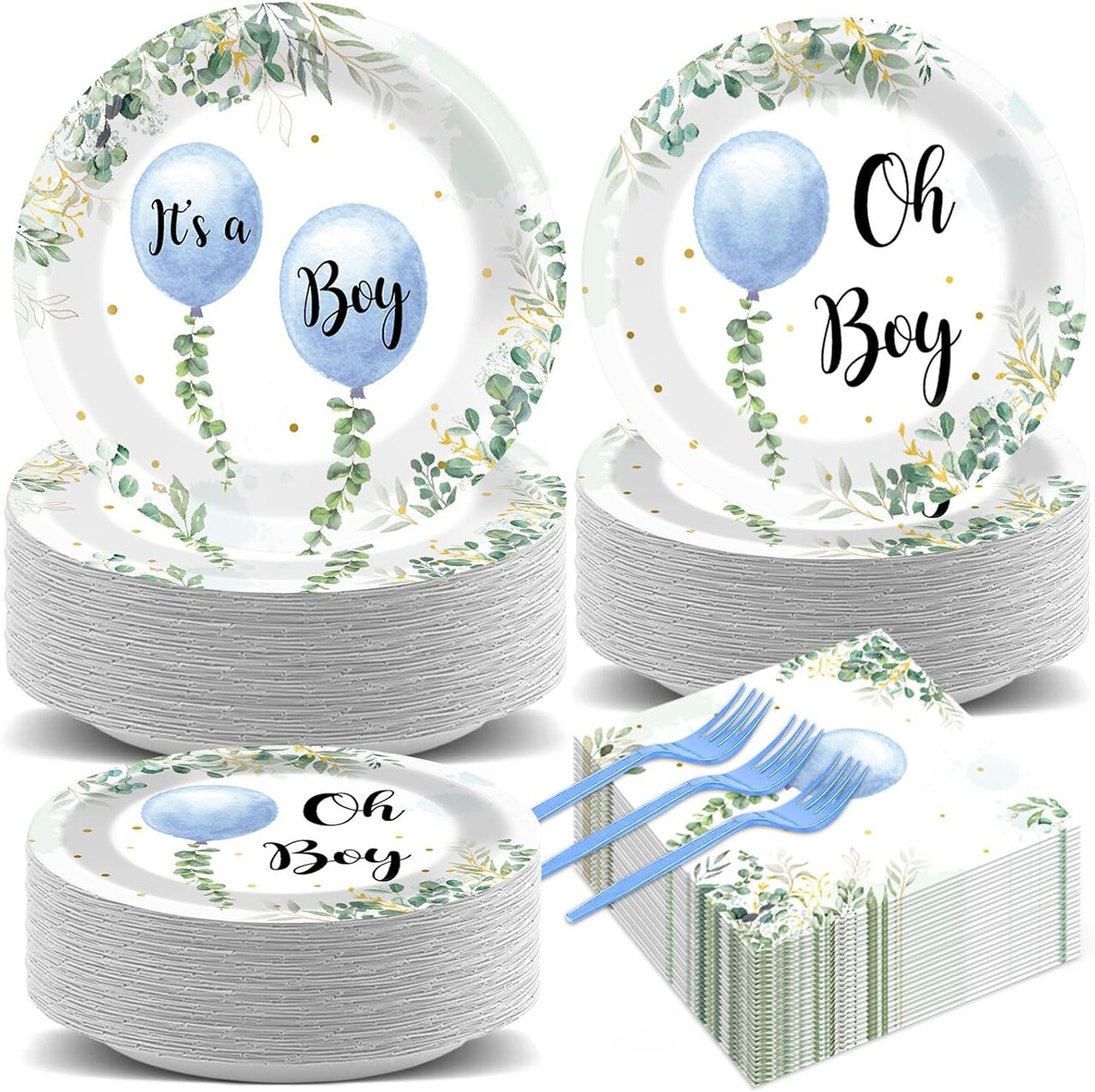 200-Piece Oh Boy Blue Balloon & Eucalyptus Baby Shower Tableware Set